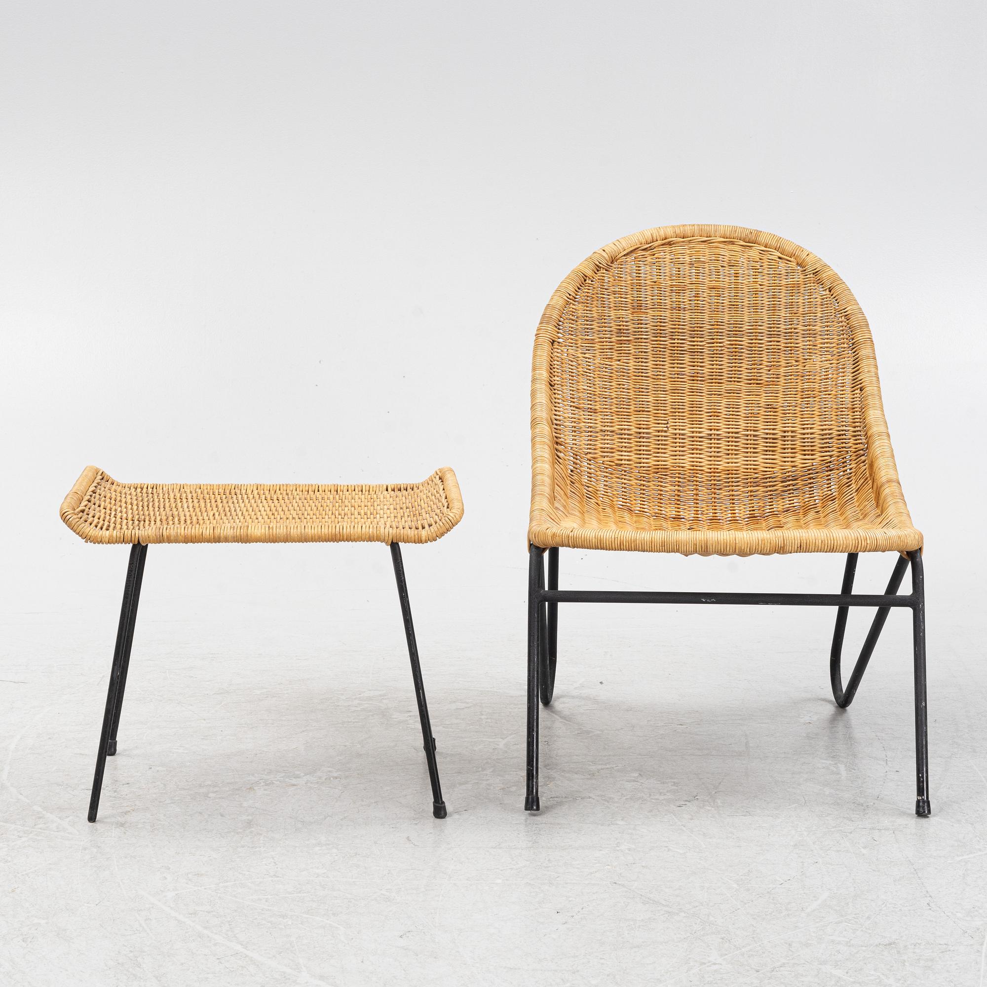 A rattan chair with ottoman, 1950's.