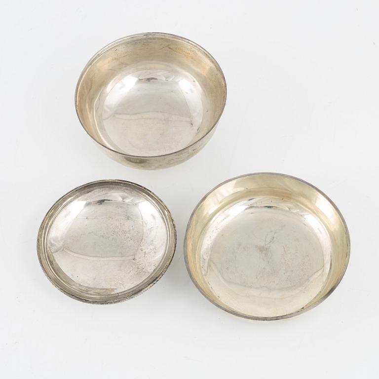 Three silver bowls and creamer, Sweden and Germany, 20th century.