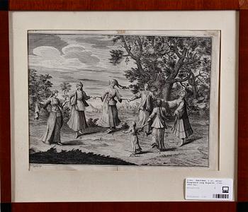 GRAVYRER, 2 st, efter Fragonard resp Hogarth, 1700-1800-tal.