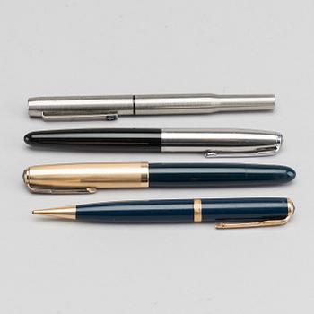 PARKER PENS, four pcs, fountain pens and pencil.