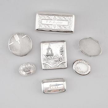 SAMLING DOSOR, 7 st, silver, 1900-tal. Vikt ca 232 g.