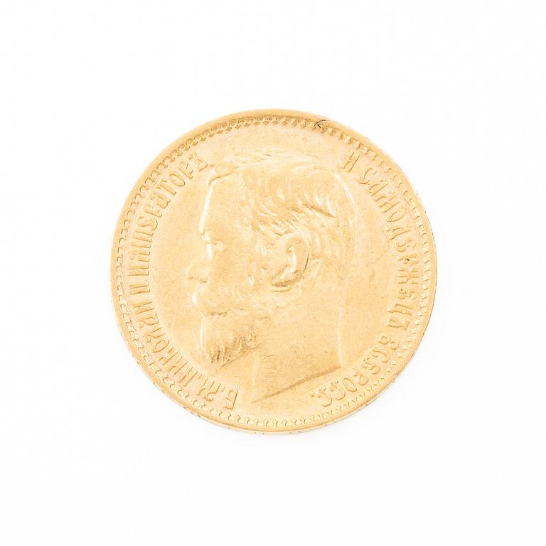 Gold coin, Nicholas II, Russia, 5 Rubles, 1899.