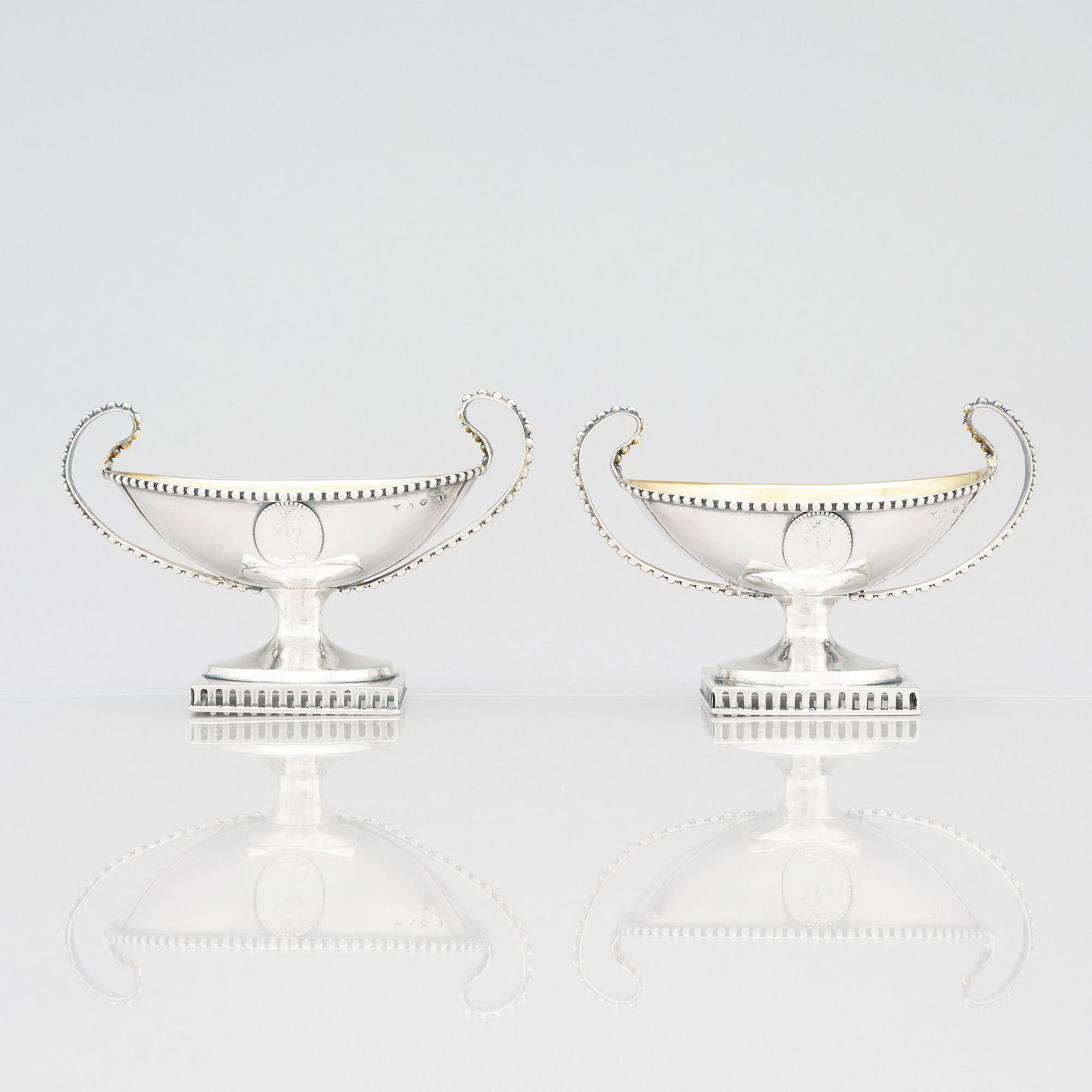 A pair of Swedish Gustavian 18th Century parcel-gilt silver salt cellars, Pehr Zethelius, Stockholm 1793.
