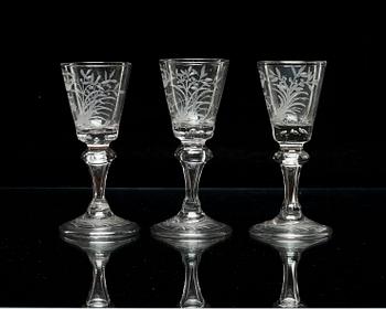 Three engraved glasses, 18th Century.