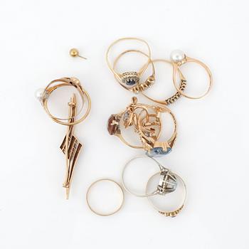 PARTI GULDSMYCKEN, 14 delar, 14-18k, Sverige och övriga Europa 1900-tal. Tot ca 27 gram.