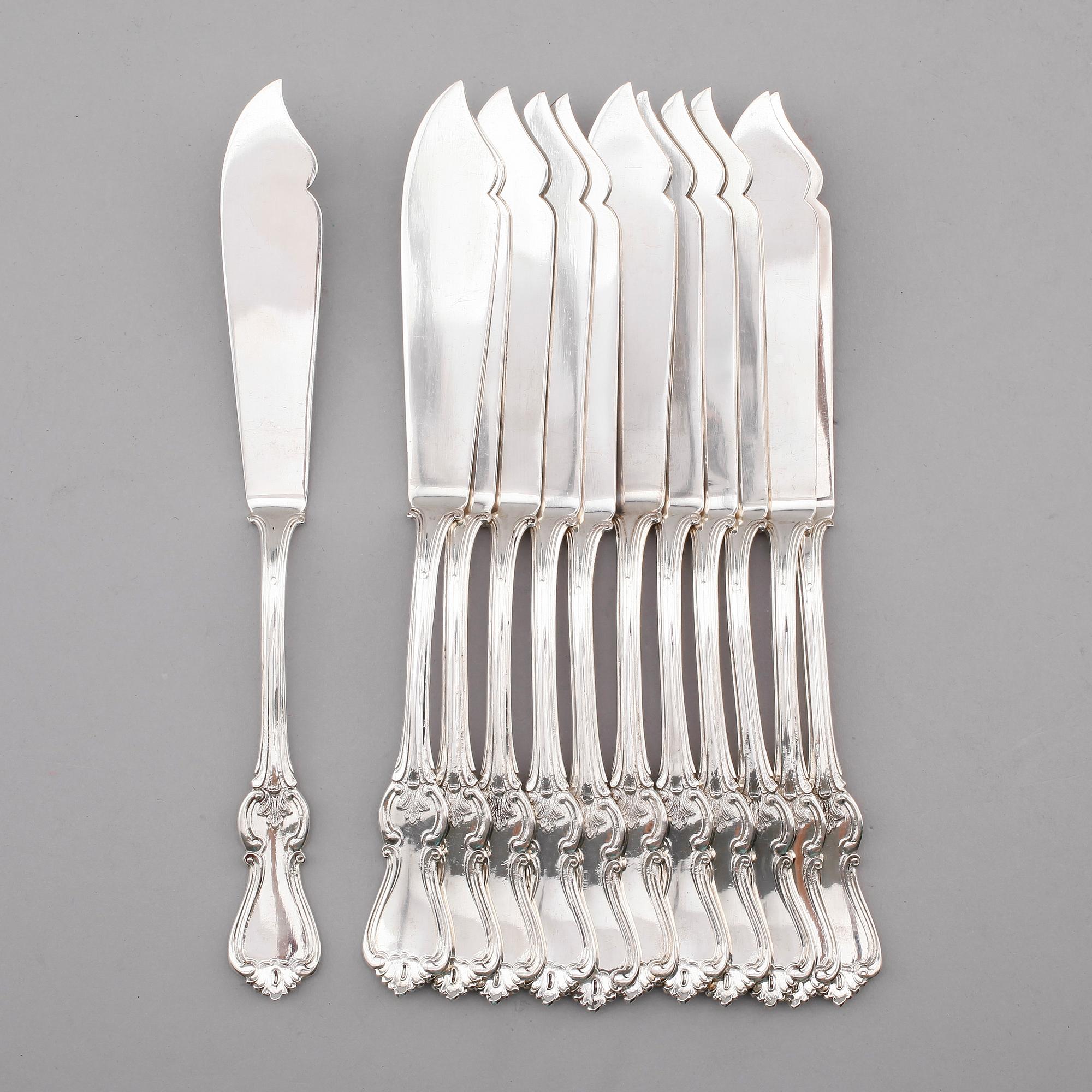 FISKBESTICK, 12 st, silver, "Olga", GAB, Stockholm 1913. Total vikt ca 597 g.