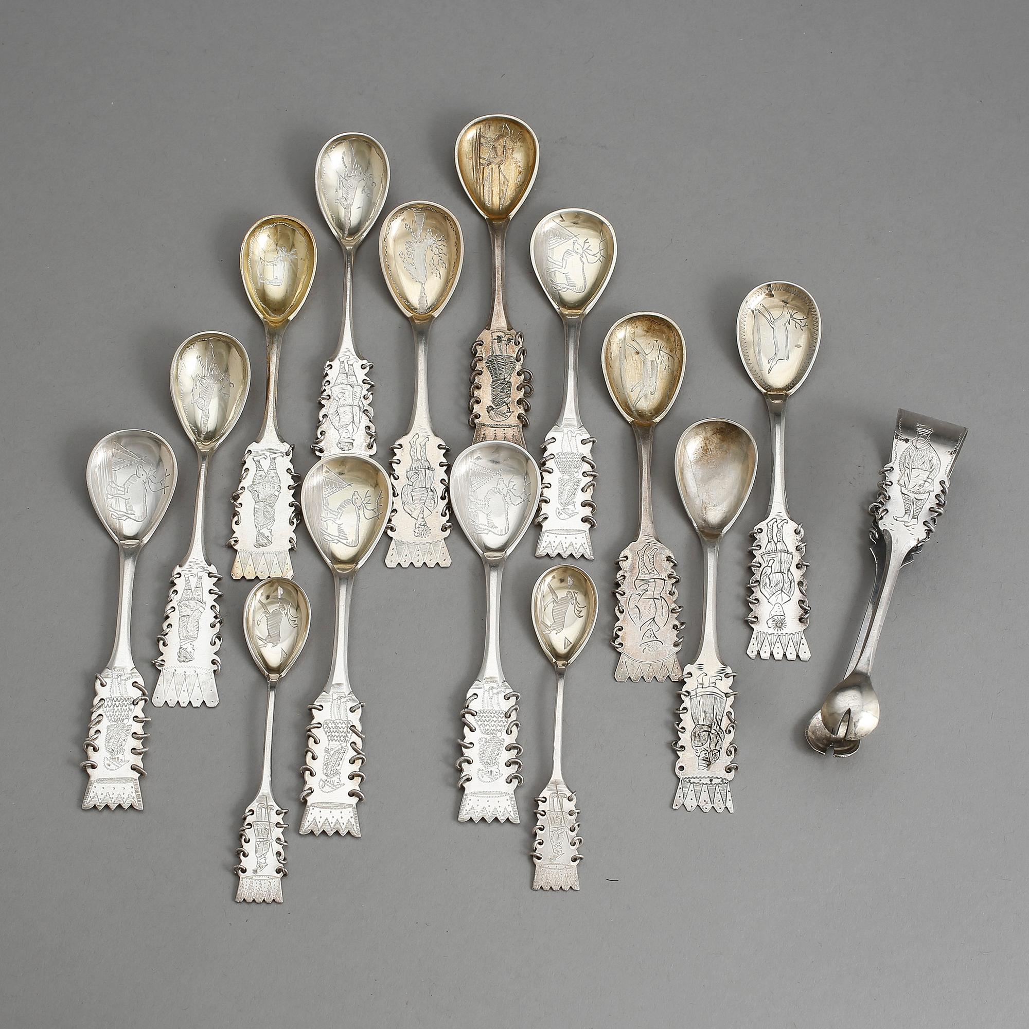 LAPPSILVER, 12 + 2 skedar och sockertång, bl a CO Persson, Happaranda, 1900-tal. Tot vikt ca 195 gram.