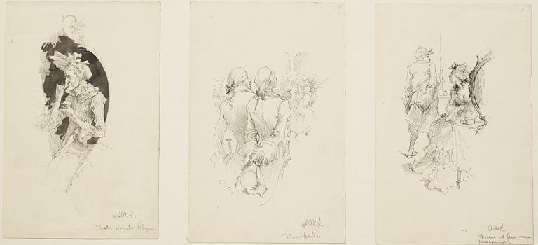 Carl Larsson,  6 drawings, signed C.L, Indian ink and hightening white mounted on cardboard.