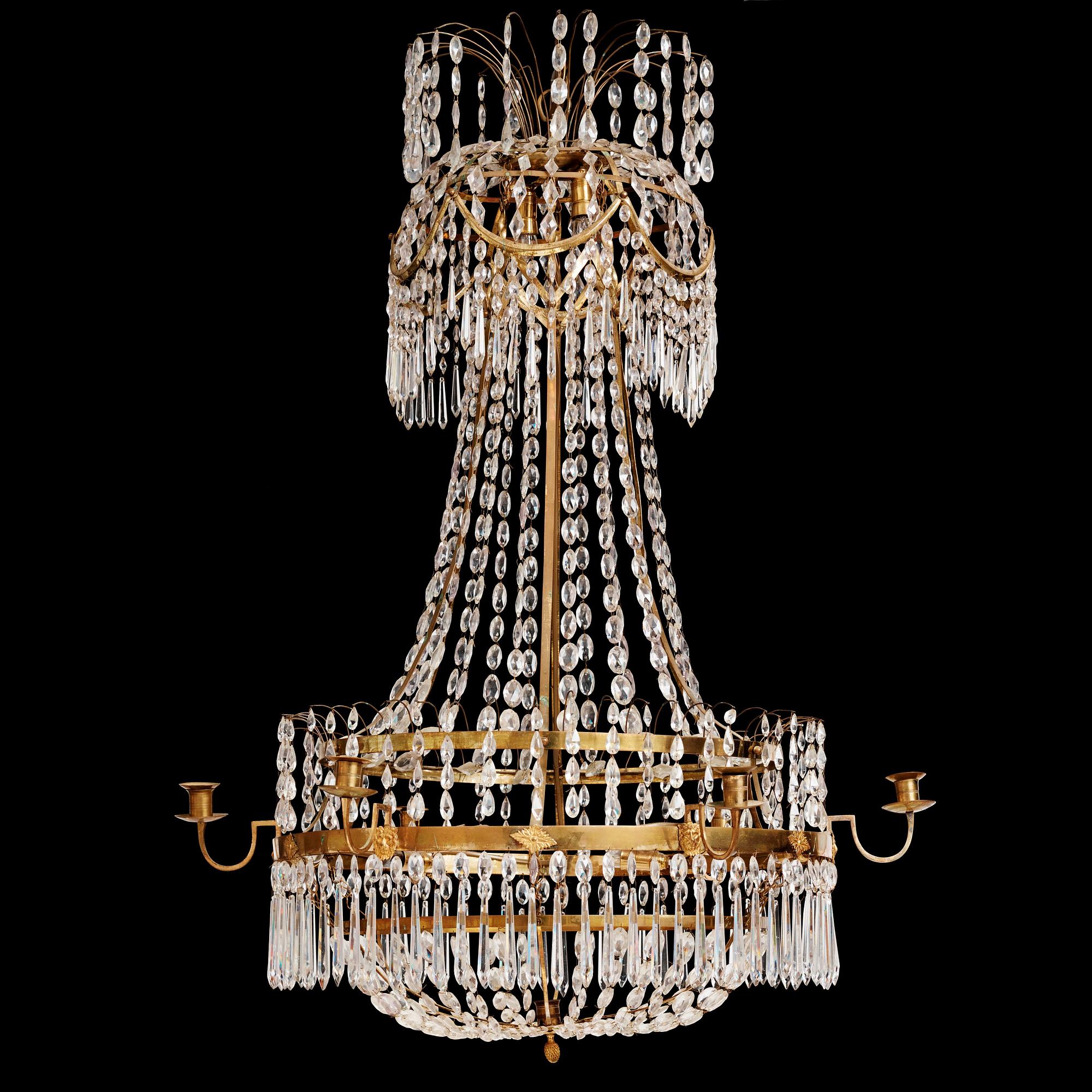 A late Gustavian gilt brass and cut glass seven-light chandelier, Stockholm, late 18th century.