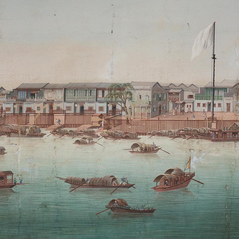 A pair och Chinese Export paintings depicting the Hongs of Canton and buildings along the river, late 18th century.