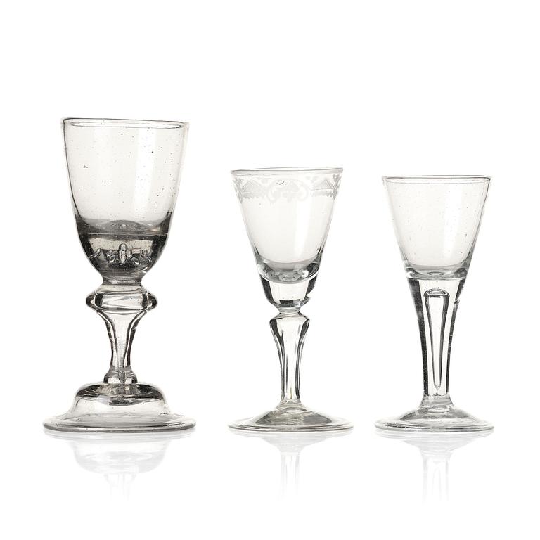 Three wine glasses, 18th century.