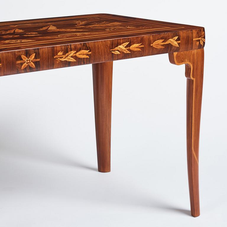 Carl Malmsten, a richly inlayed table, executed by master cabinet maker Albin Johansson, Stockholm 1938.