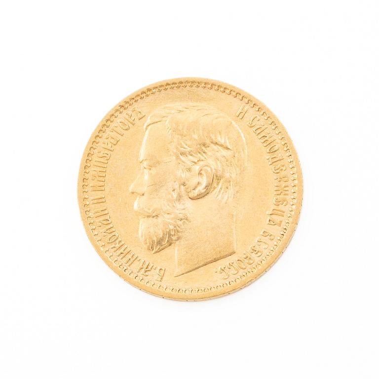 Gold coin, Nicholas II, Russia, 5 Rubles, 1898.