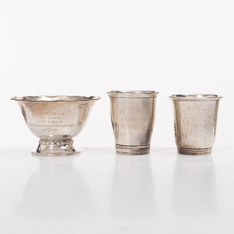 Trophies/cups and bowl, 6 pcs, silver, Sweden and Denmark, including K Anderson, Stockholm 1925.