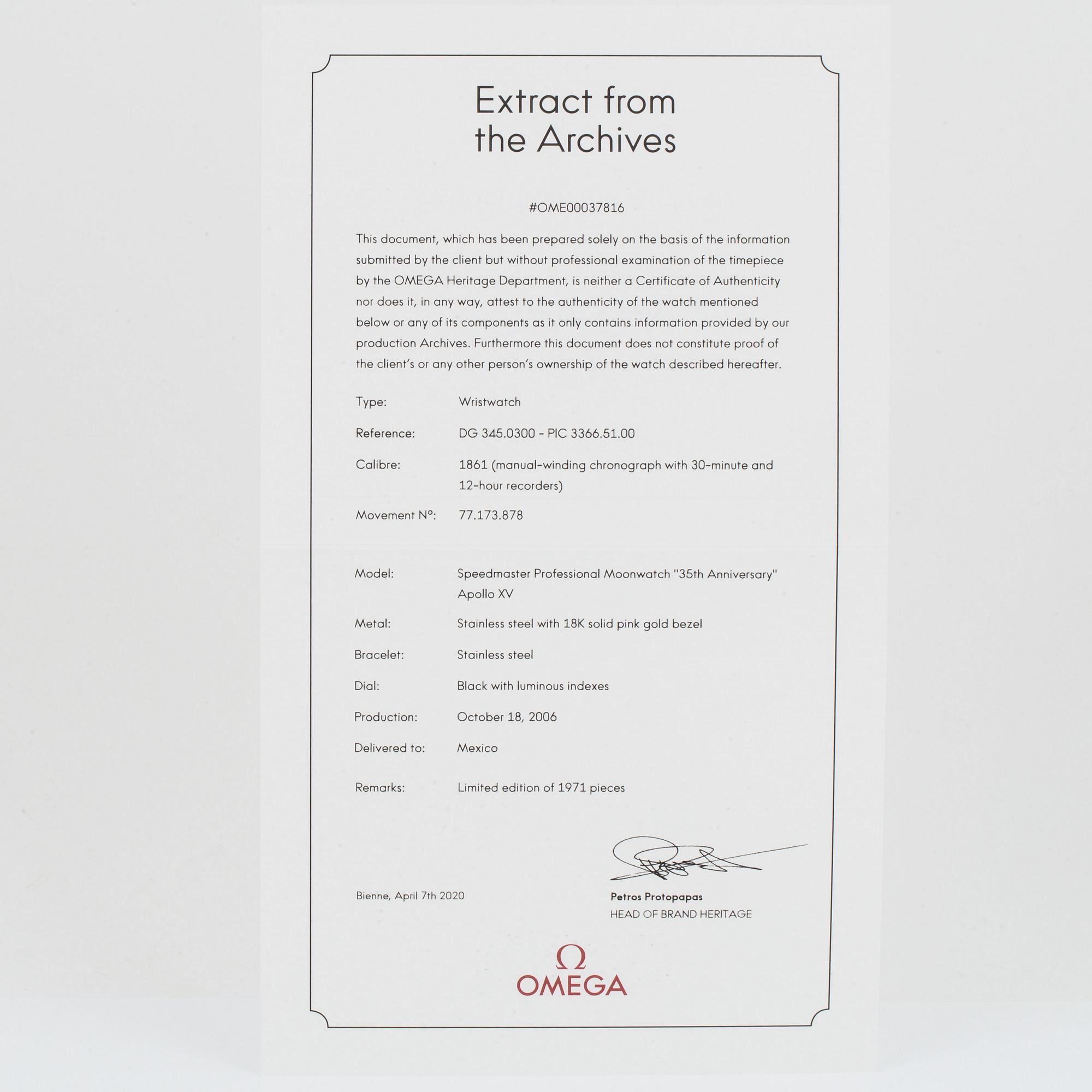 Omega, Speedmaster, kronograf, "35th Anniversary of Apollo XV".