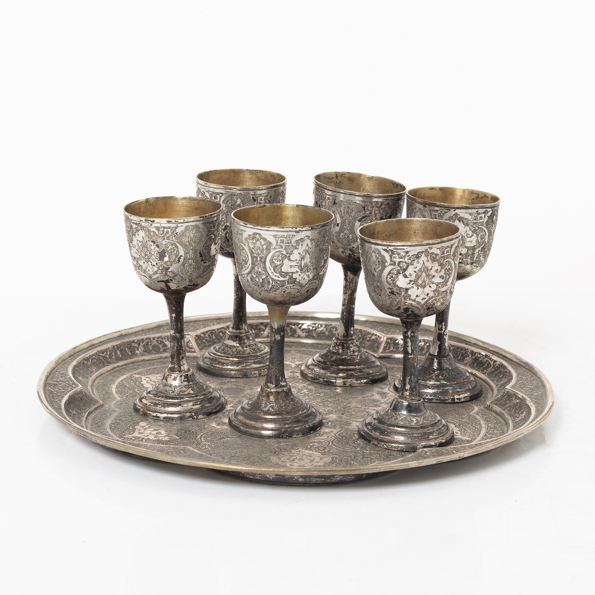 Six silver cups and tray, silver, Iran, 20th century.