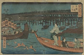Ando Hiroshige, 'Enjoying the evening cool at Ryogoku Bridge'.