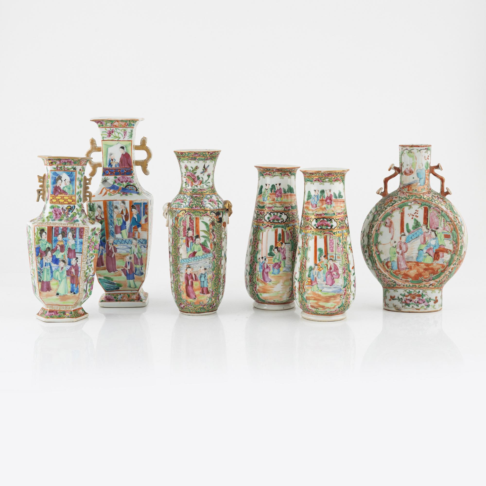 Vaser, 6 st, porslin, Kanton, Kina, 1800/1900-tal.