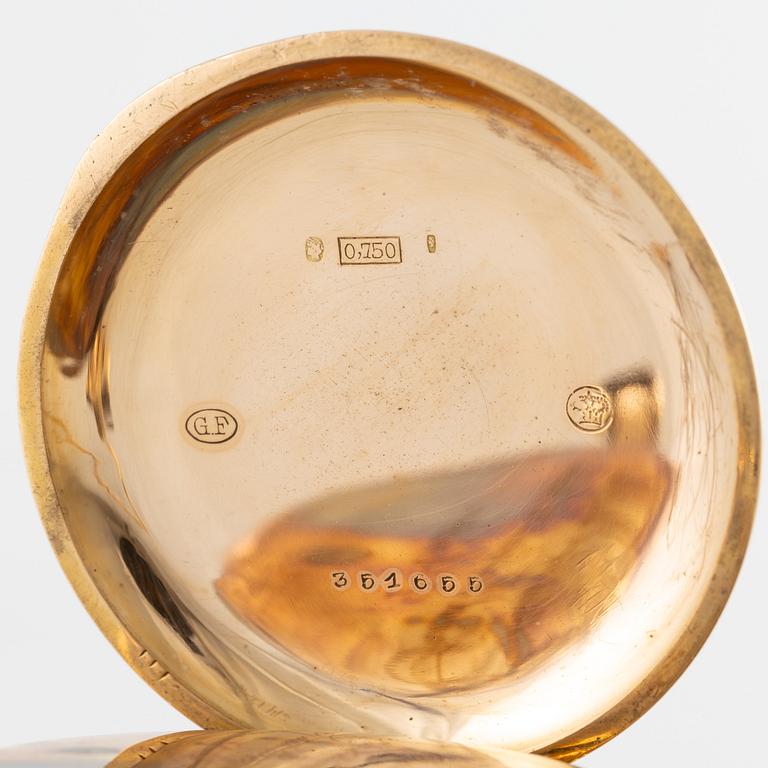 Grosjean Freres, pocket watch, 18K gold, hunter, chain in 18K gold, 53 mm.