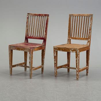 Five painted pine chairs, 19th Century.