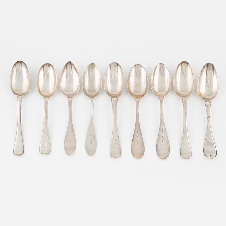 Nine Swedish Silver Spoons, 18-19th Century.