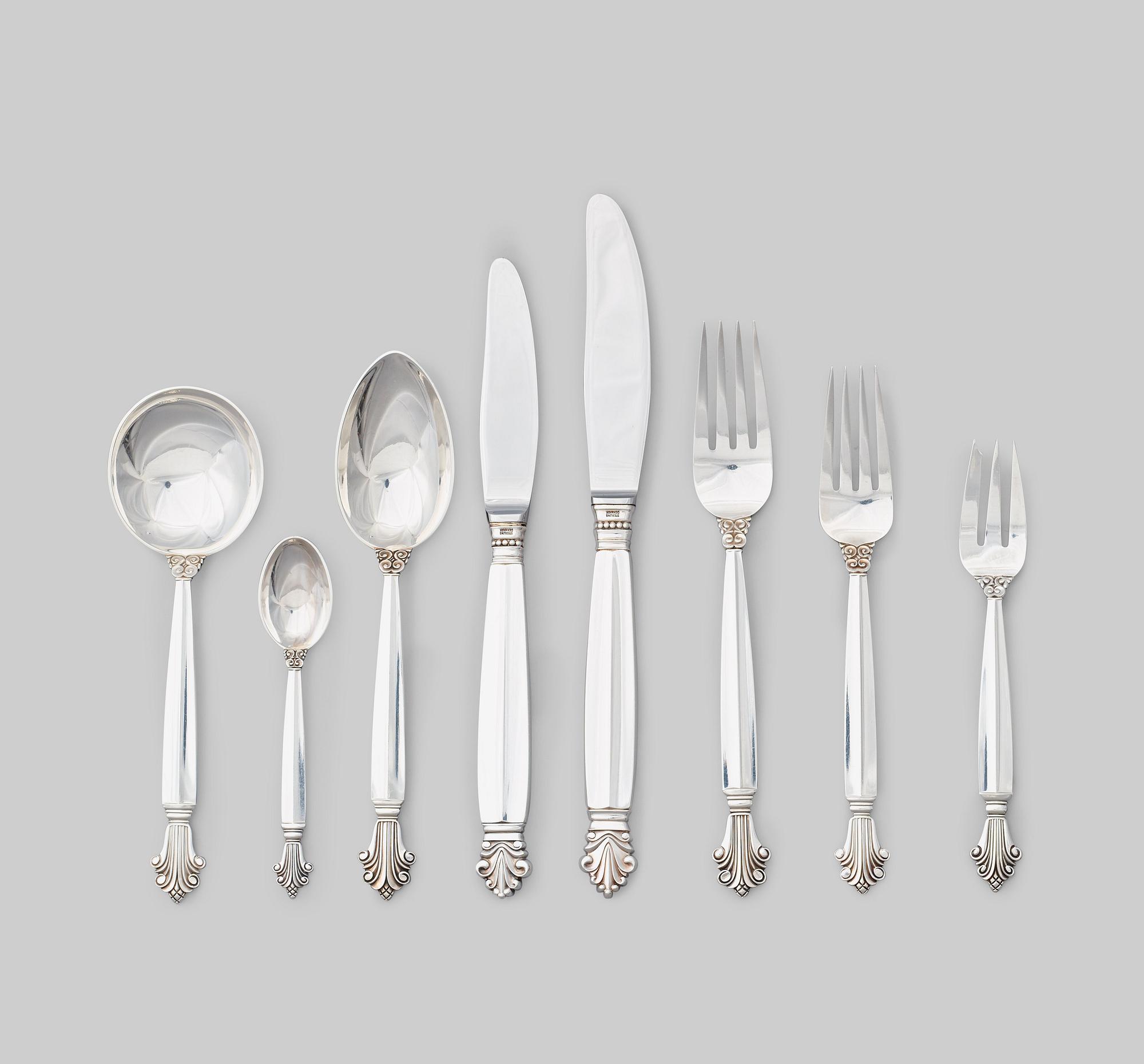 Johan Rohde, bestickuppsättning, 94 delar "Dronning/Acanthus", Köpenhamn efter 1945, sterling och rostfritt stål.