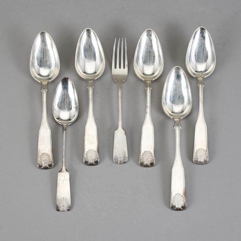 BESTICK, 5+1+1 st, silver. Snäckmodell, Finland, 1800-tal. Total vikt 382 g.
