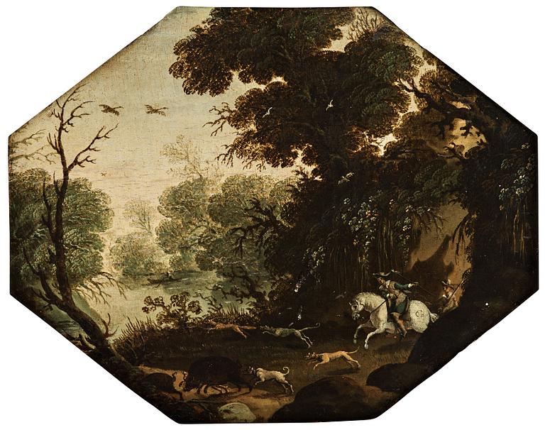 Cyriacus Bril, Forest landscape with boar hunting.