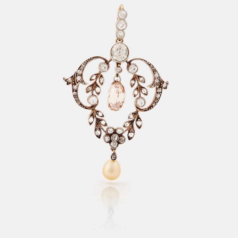 A natural pearl, old-, rose-and briolette cut diamond pendant. Early 20th cent.