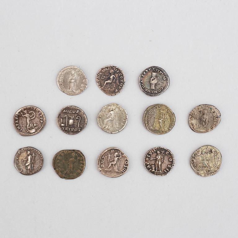 Antika mynt, 19 st romerska brons- och billonmynt från kejsardömet + diverse silver-och bronsmynt främst svenska c 65 st.