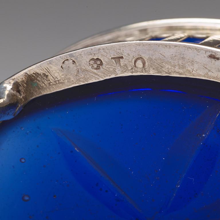 A pair of Swedish 18th century silver and blue glass salt cellars, mark of Pehr Zethelius, Stockholm 1791.
