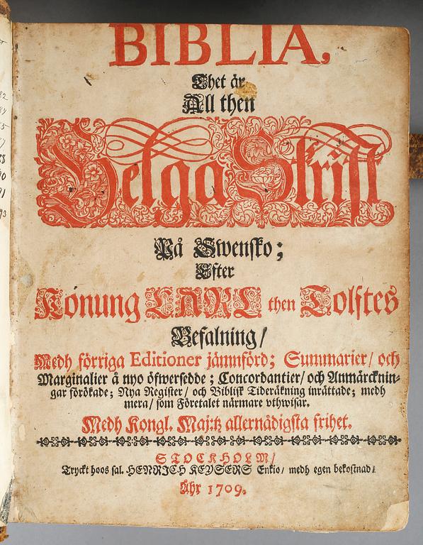 BIBLAR, 2 st, Sverige, bla Karl XII:s fältbibel, Stockholm 1709.