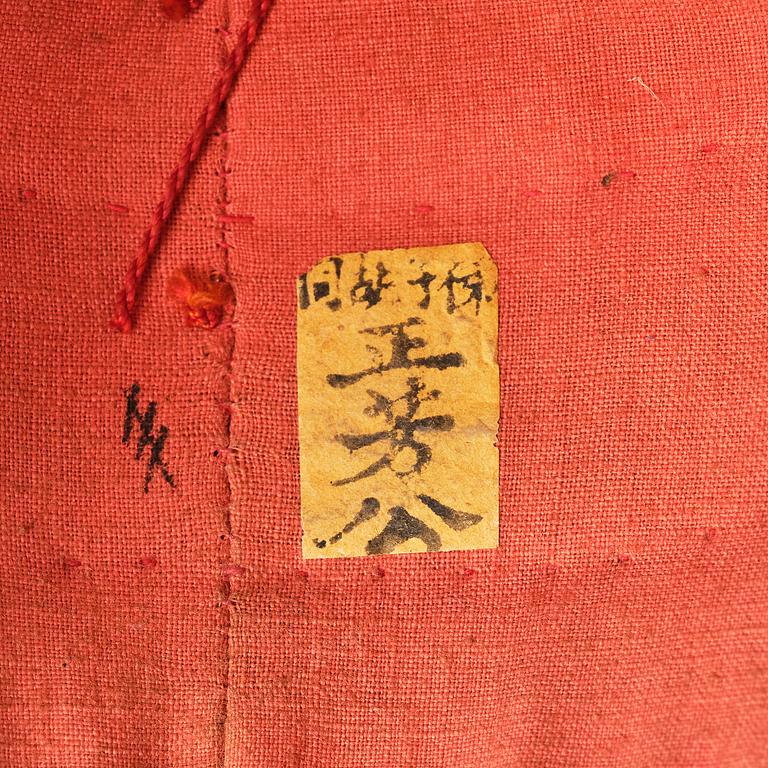 Two boxes with a mandarin's summer hat and black satin autumn hat and feather with six mandarin hat insignias.