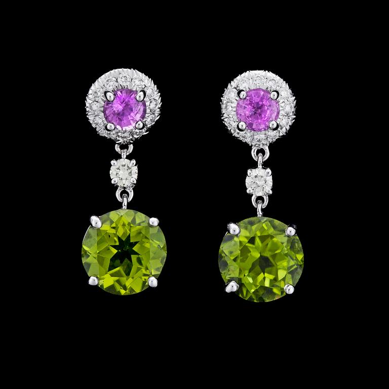 A pair of peridote, pink sapphire and diamond earrings.