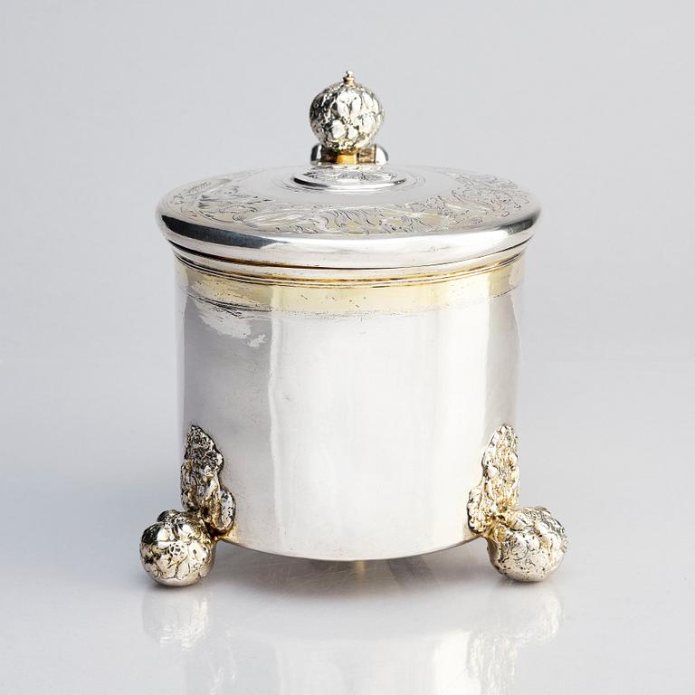 Lorenz Westman, dryckeskanna, delvis förgyllt silver, Stockholm (verksam 1656-1682). Barock.