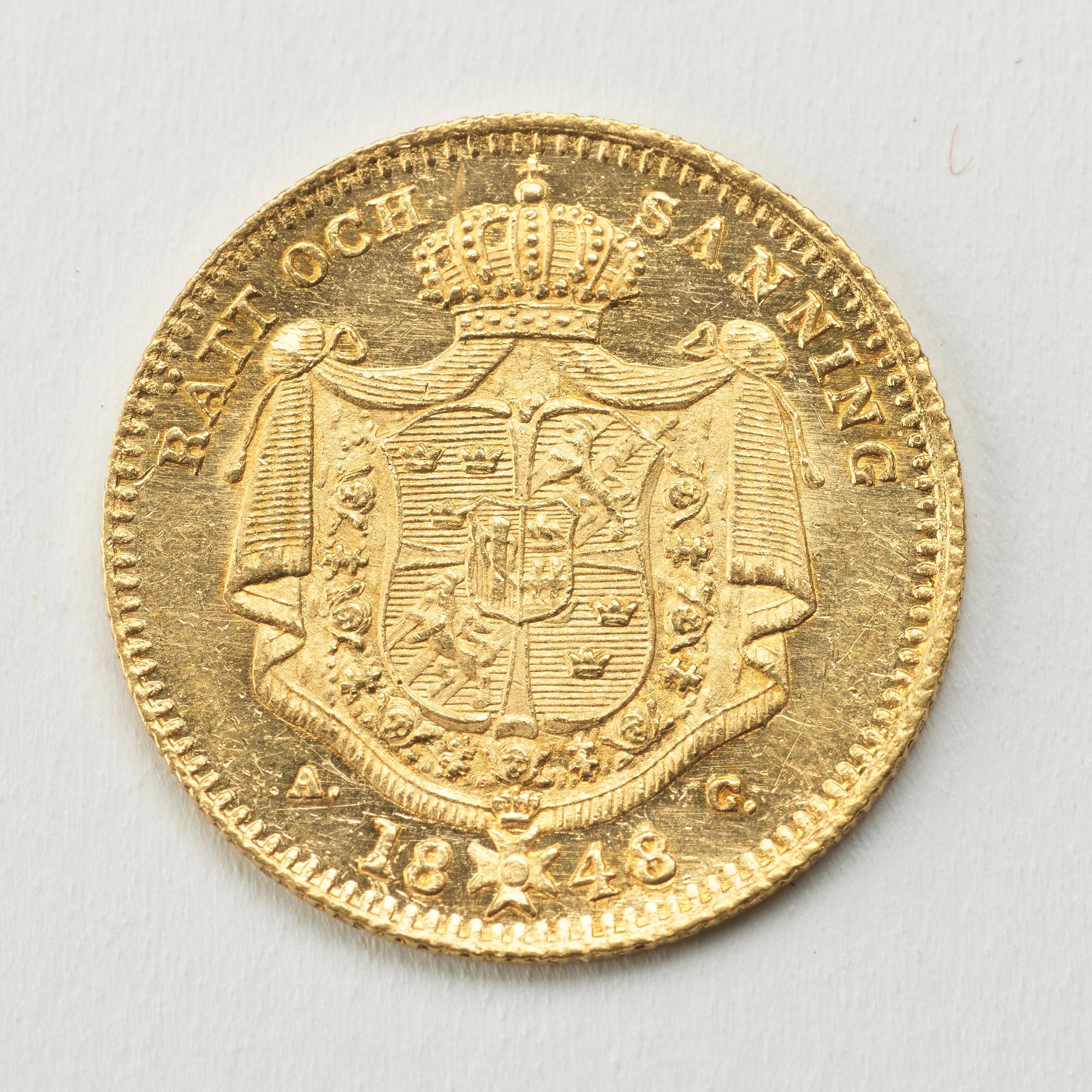 A Swedish 1 Dukat in gold, with the Swedish and Norwegian King Oscar I, 1848/4.
