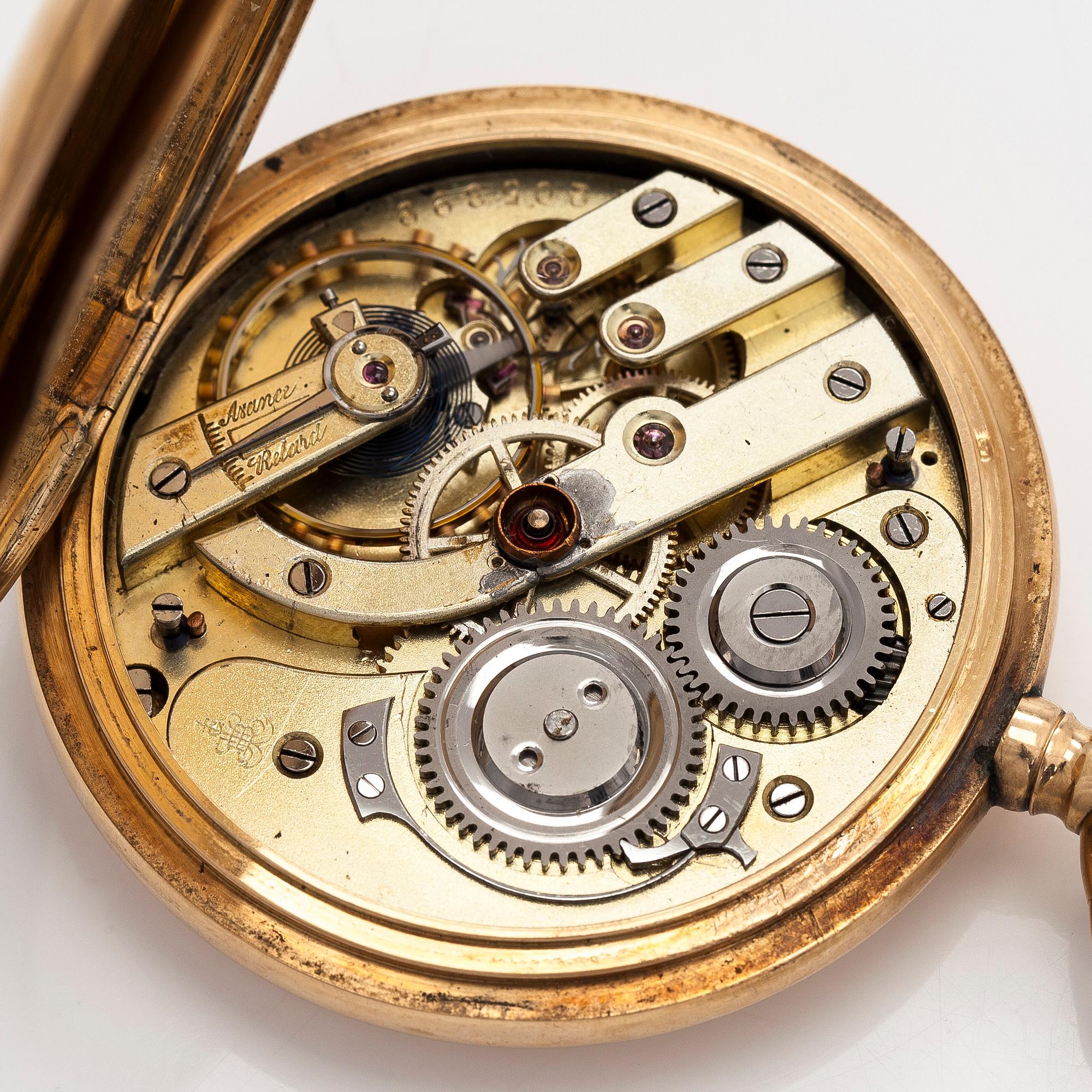 Pocket watch, Borel Neuchatel, 53 mm, 14K gold, lever escapement, plastic crystal.