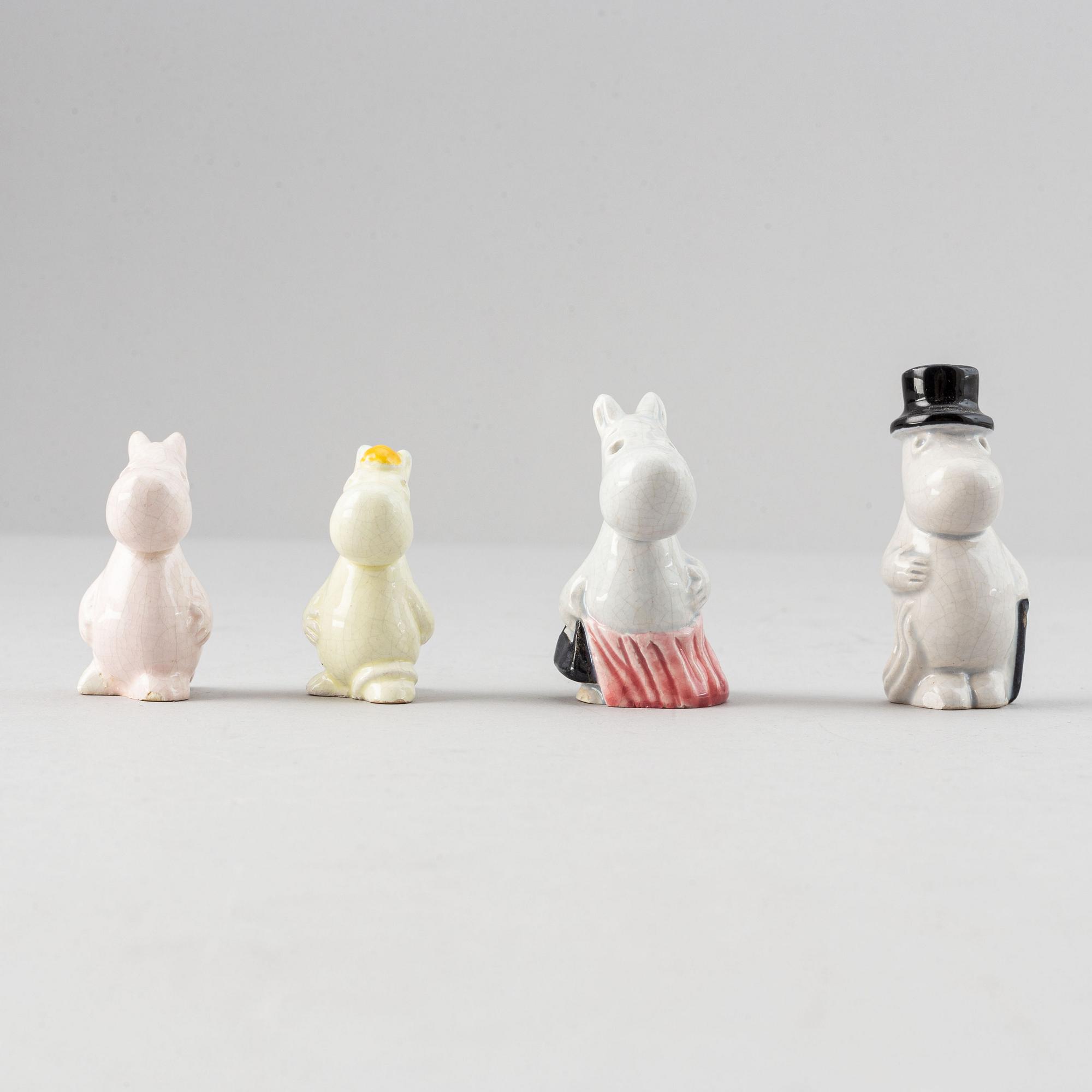 Leo Tykkyläinen, figuriner, 4 st, kermaik, Mumin, Arabia, Finland, 1950-tal.