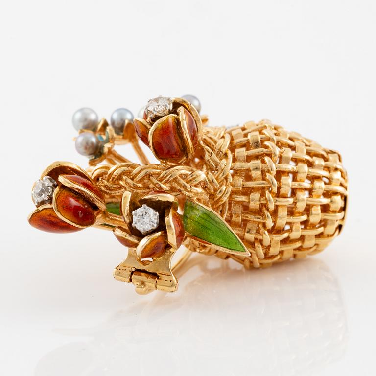 A W.A. Bolin brooch 18K gold and enamel with cultured pearls and round brilliant-cut diamonds, design Barbro Littmarck.