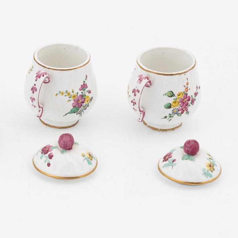 Two Marieberg soft paste custard cups with covers, 18th Century.