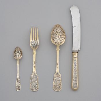 RESEBESTICK, 4 st, icke identifierad mästarstämpel, Moskva 1859, förgyllt silver och niello.
