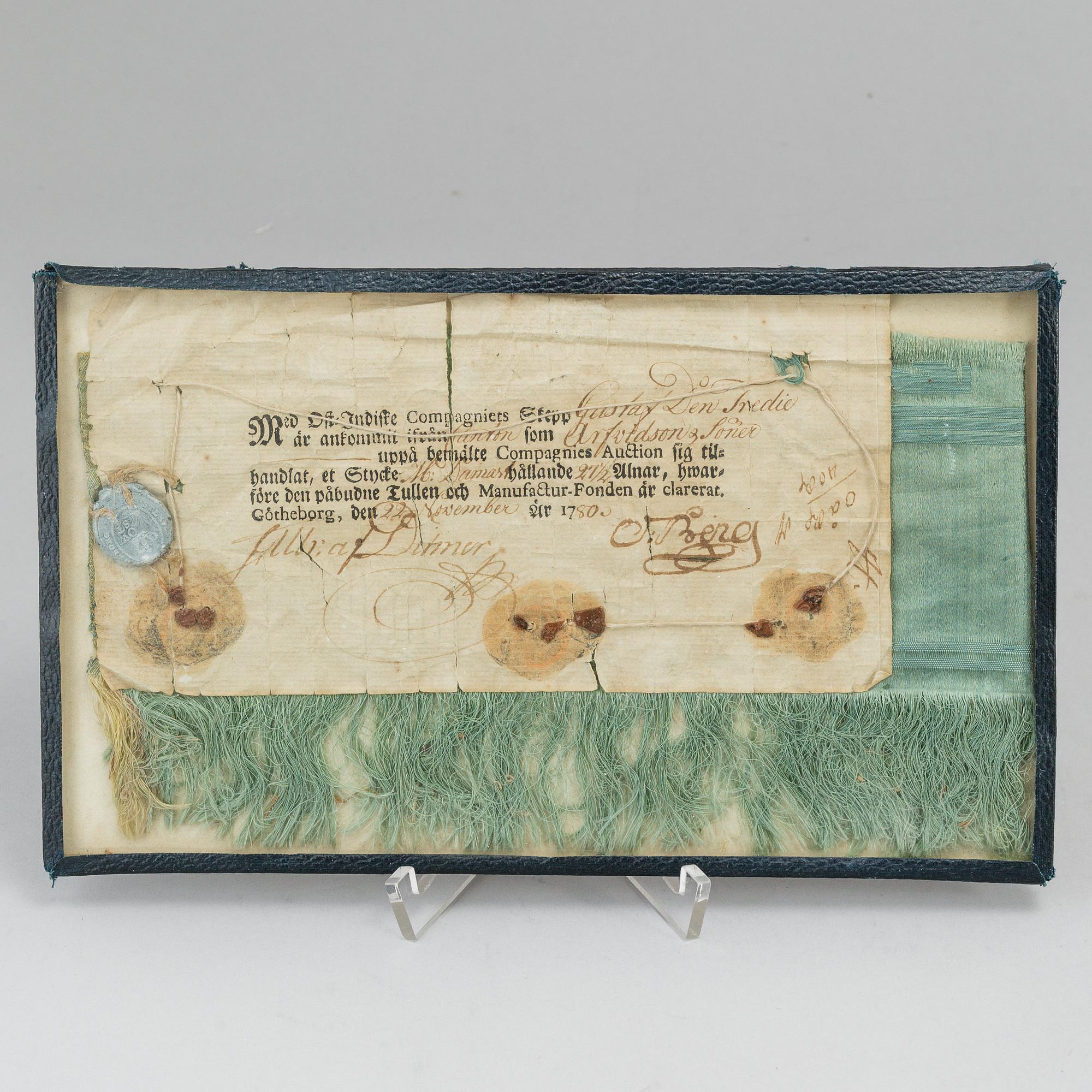 A receipt on paid duty and fee for cloth, Swedish East India Company dated November 22, 1780.