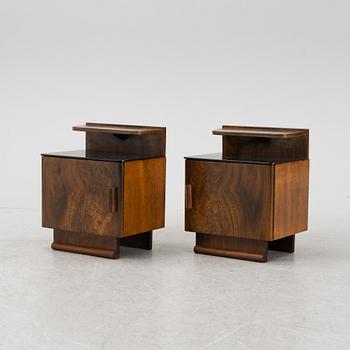 A pair of walnut veneered bedside tables, 1930's/40's.