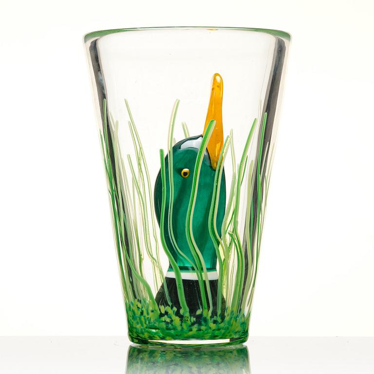 Ernst Billgren, "And i vas" (Duck in vase), a glass sculpture, ed. 29/30, Kosta Boda, Sweden.