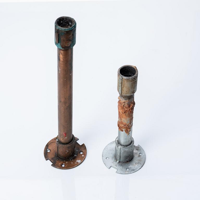 Two 20th century industrial design metal/copper pipe candlesticks.