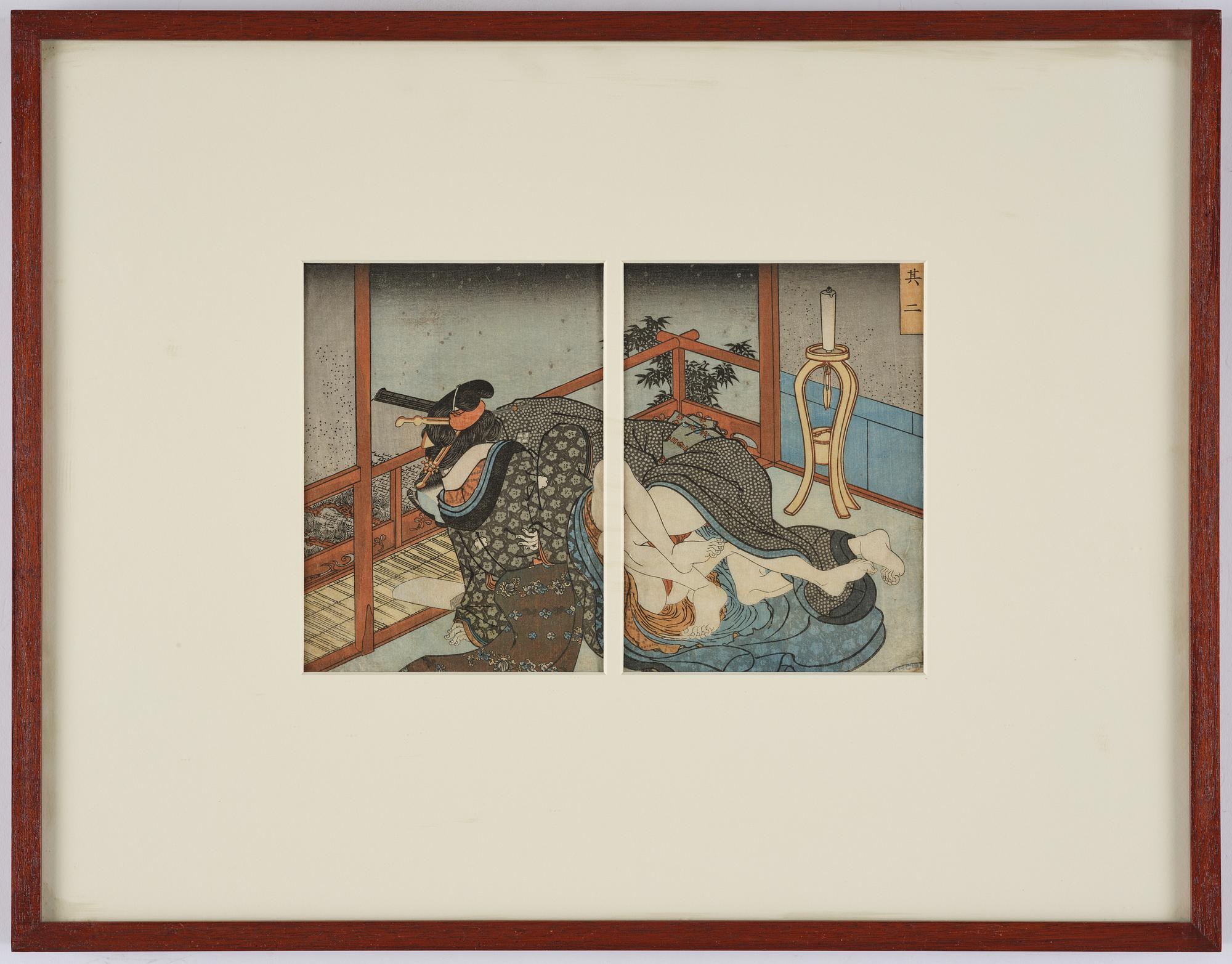Oidentifierade konstnärer, färgträsnitt, shunga, albumblad, tre diptyker, Japan, 1800-tal.