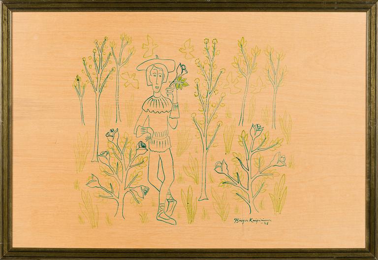 Birger Kaipiainen, drawing, green ink on plywood, signed and dated -46.