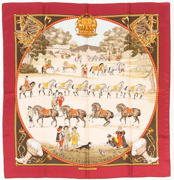 Hermès, a 'Presentation des Chevaux' silk scarf.