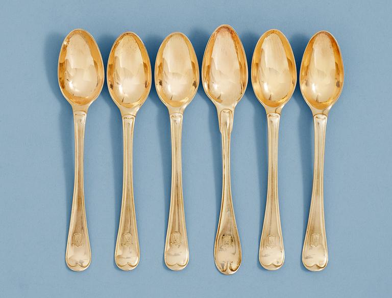 A set of six Swedish 18th century silver-gilt thé-spoons, makers mark of Lars Boye, Stockholm 1775, one of P. Eneroth.