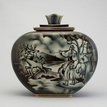 A flambé stoneware jar with cover by Gunnar Nylund for Rörstrand.